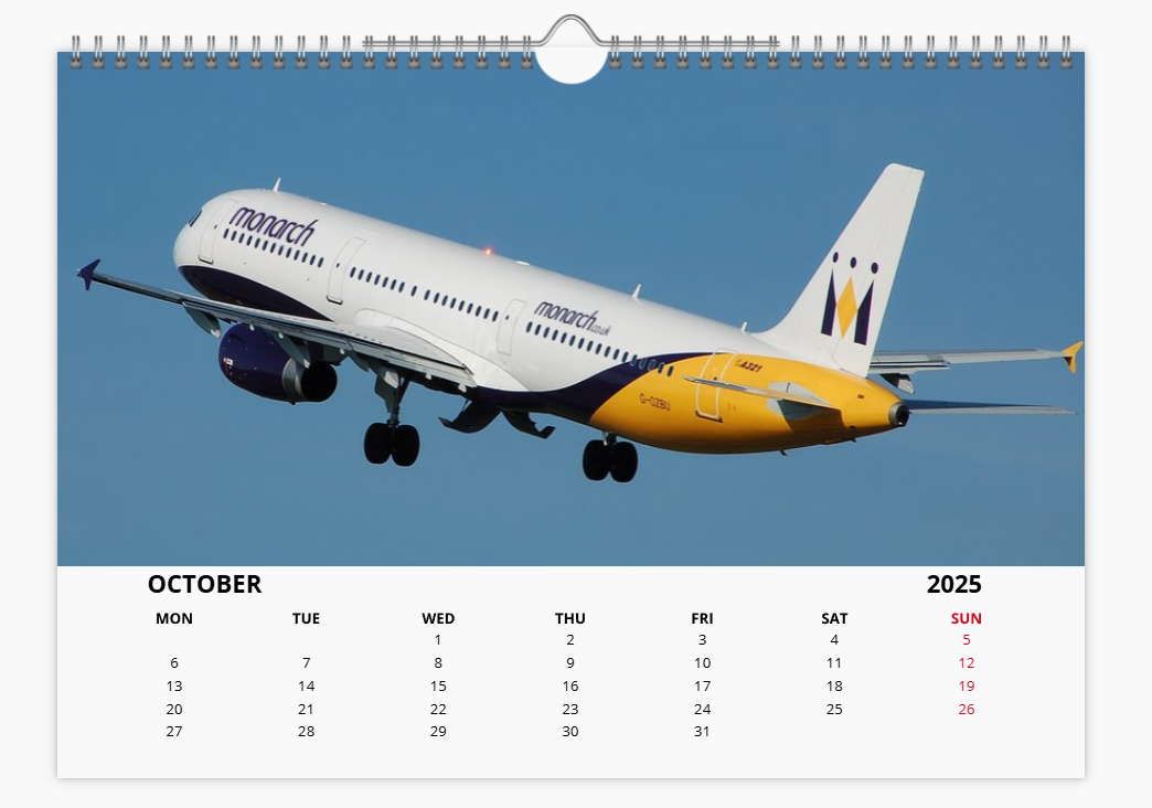 Monarch Airlines 2025 Aircraft Tribute Calendar A4 WALL Calendar