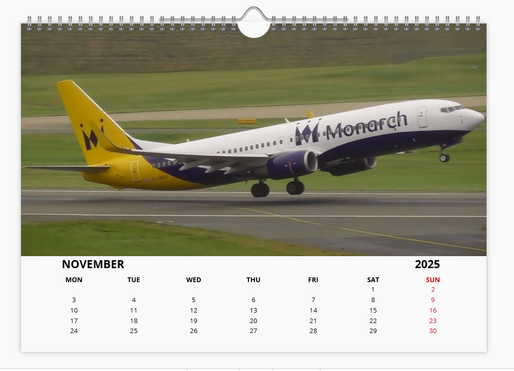 Monarch Airlines 2025 Aircraft Tribute Calendar A4 WALL Calendar