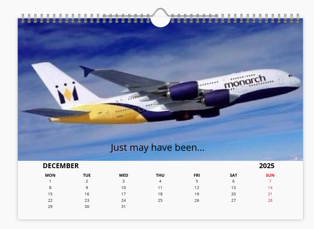 Monarch Airlines 2025 Aircraft Tribute Calendar A4 WALL Calendar