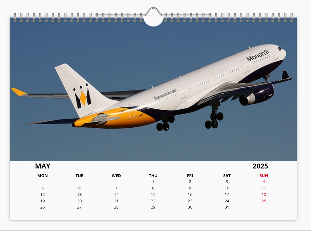 Monarch Airlines 2025 Aircraft Tribute Calendar A4 WALL Calendar