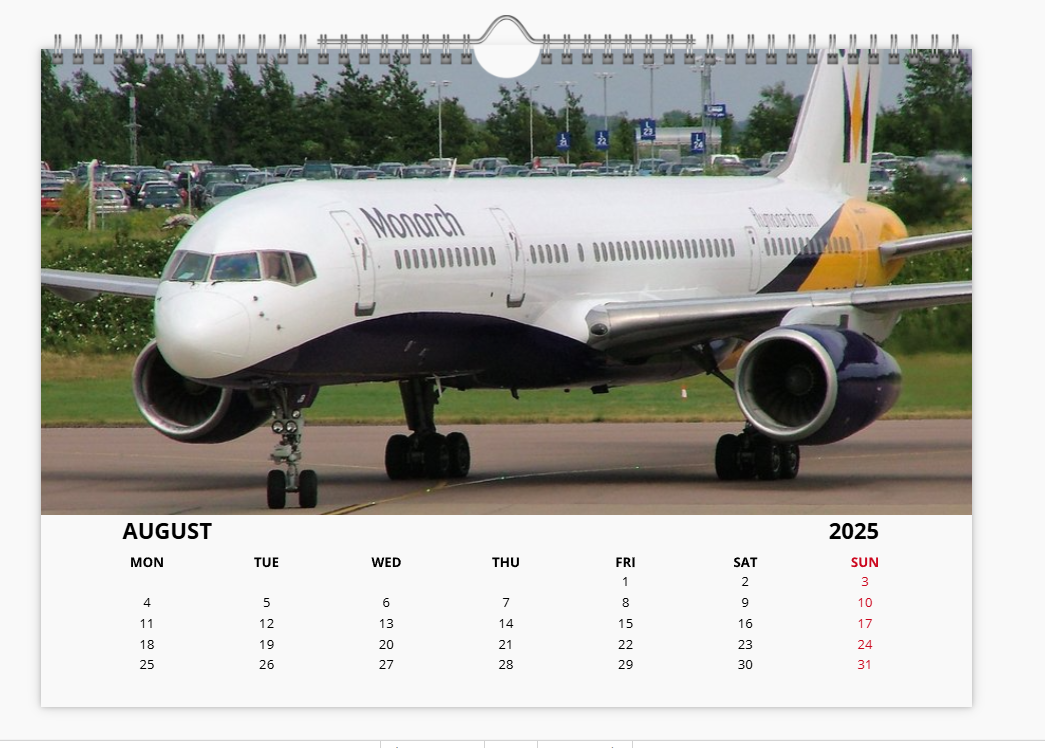 Monarch Airlines 2025 Aircraft Tribute Calendar A4 WALL Calendar