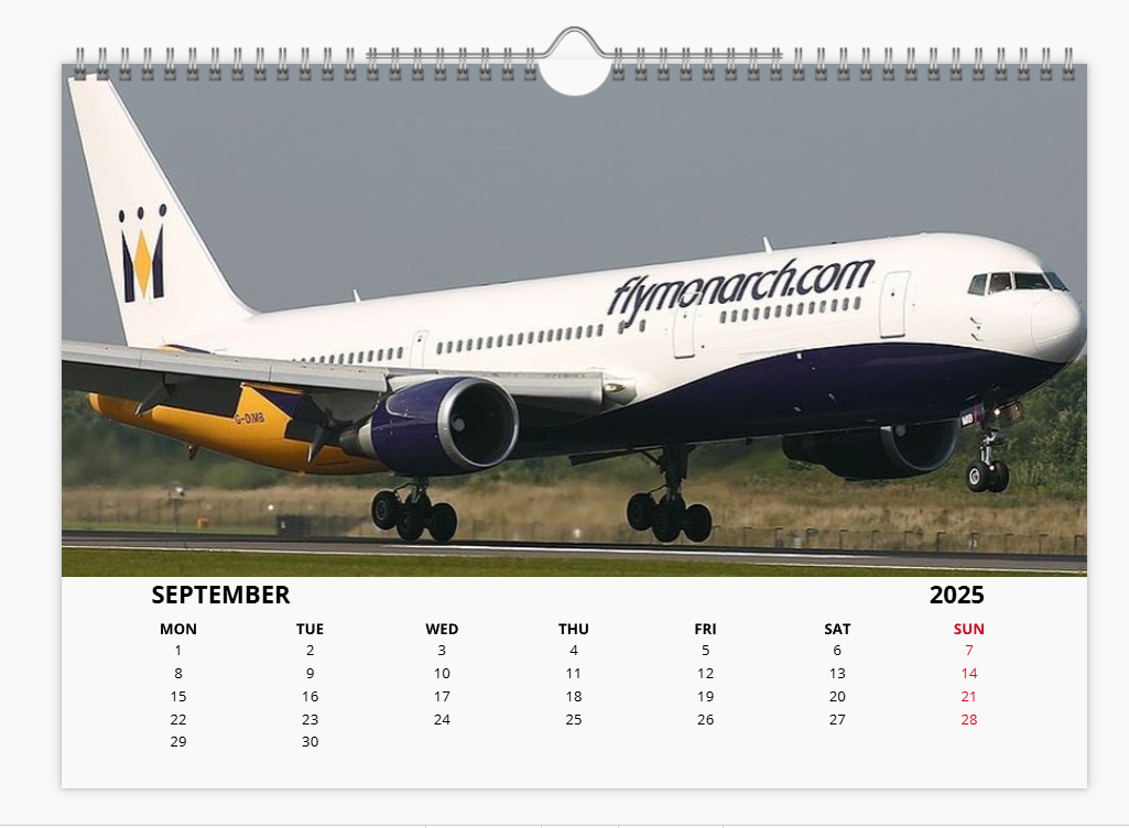 Monarch Airlines 2025 Aircraft Tribute Calendar A4 WALL Calendar