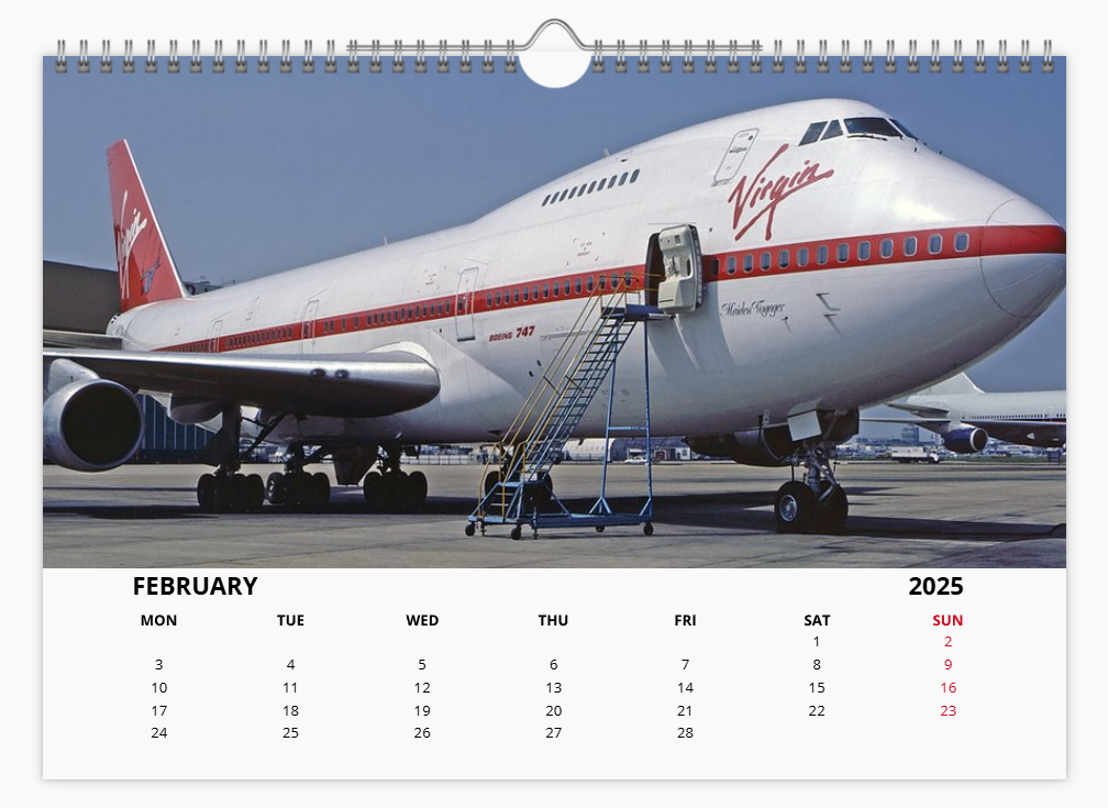 Virgin Atlantic 2025 Aircraft Tribute Calendar A4 WALL Calendar