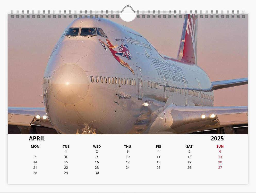 Virgin Atlantic 2025 Aircraft Tribute Calendar A4 WALL Calendar