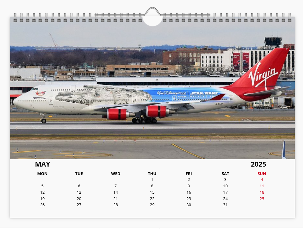Virgin Atlantic 2025 Aircraft Tribute Calendar A4 WALL Calendar