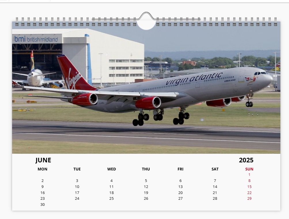 Virgin Atlantic 2025 Aircraft Tribute Calendar A4 WALL Calendar