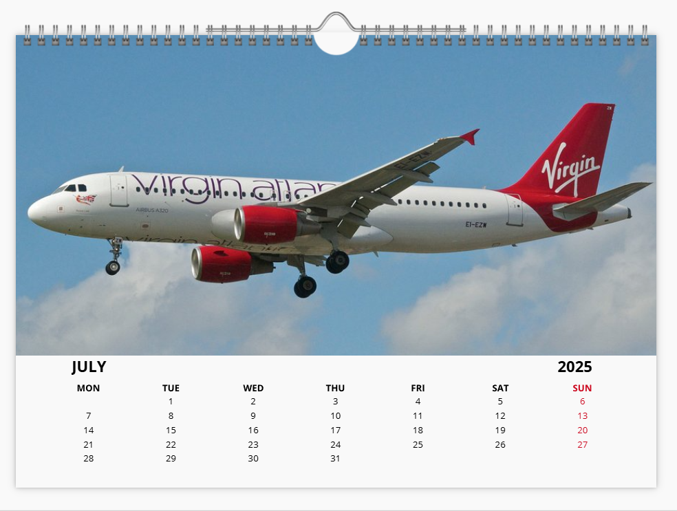 Virgin Atlantic 2025 Aircraft Tribute Calendar A4 WALL Calendar