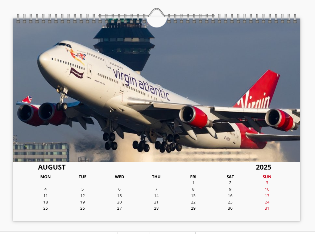 Virgin Atlantic 2025 Aircraft Tribute Calendar A4 WALL Calendar