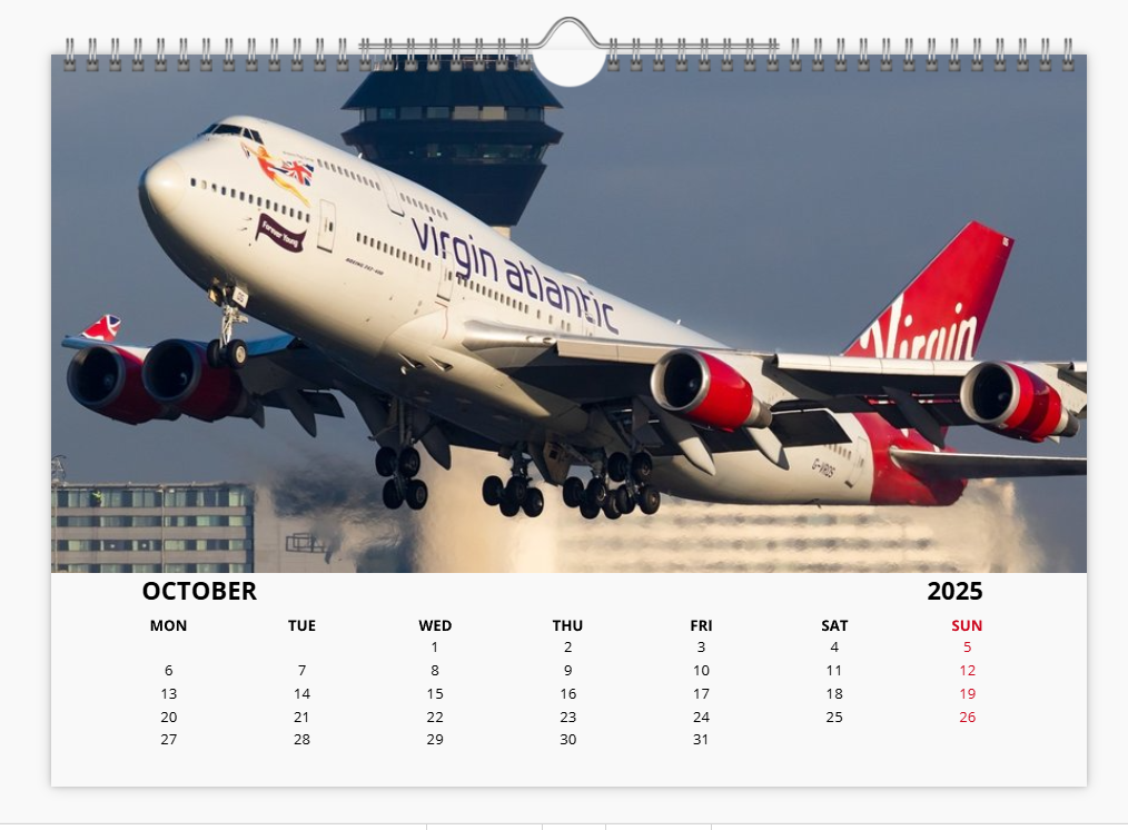 Virgin Atlantic 2025 Aircraft Tribute Calendar A4 WALL Calendar