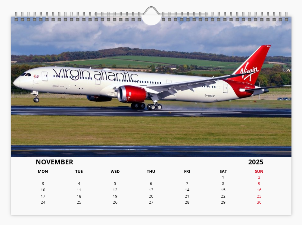 Virgin Atlantic 2025 Aircraft Tribute Calendar A4 WALL Calendar