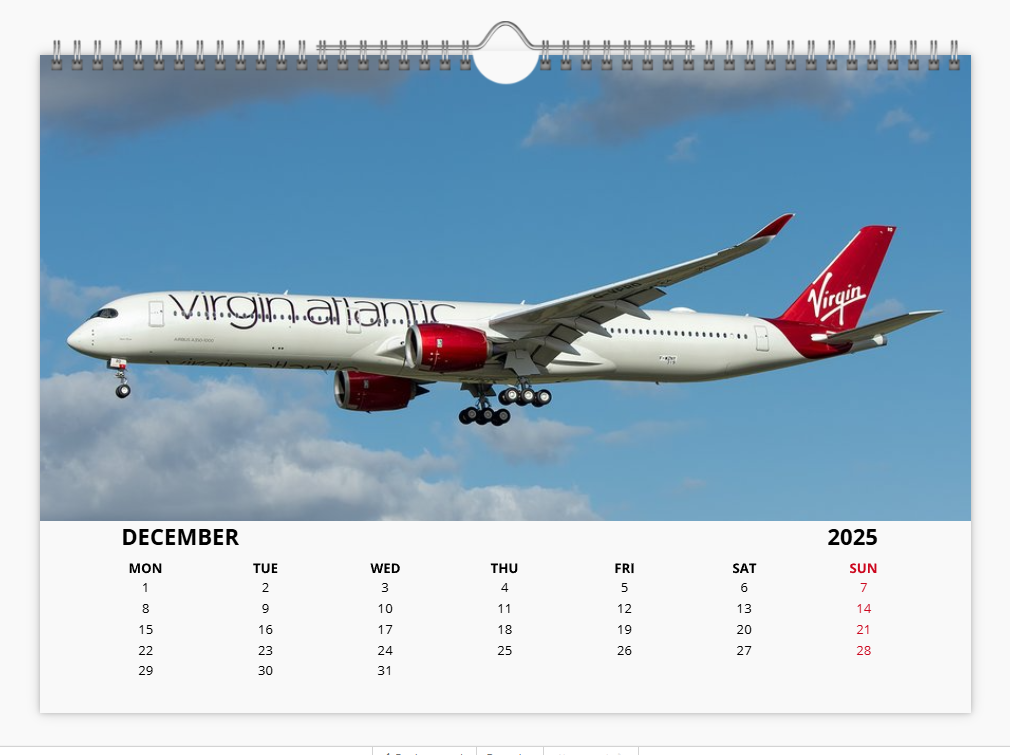 Virgin Atlantic 2025 Aircraft Tribute Calendar A4 WALL Calendar