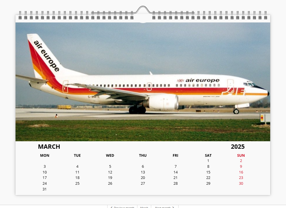 AIR EUROPE 2025 Tribute Calendar A4 WALL Calendar