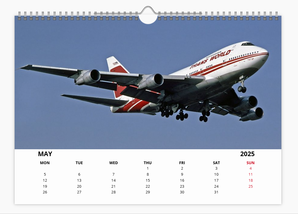 TWA Trans World Airlines 2025 Aircraft Tribute Calendar A4 WALL Calendar