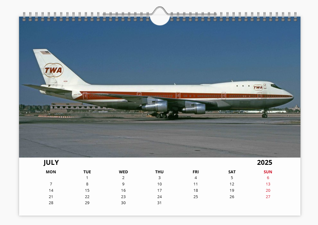 TWA Trans World Airlines 2025 Aircraft Tribute Calendar A4 WALL Calendar