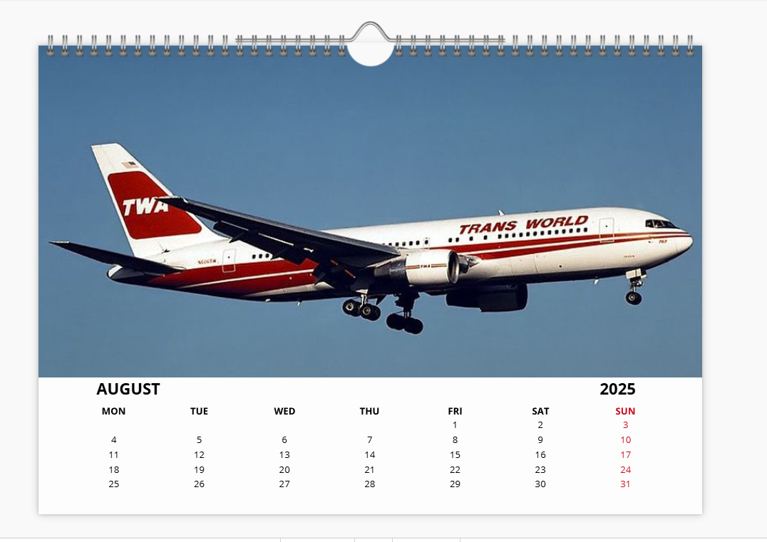 TWA Trans World Airlines 2025 Aircraft Tribute Calendar A4 WALL Calendar