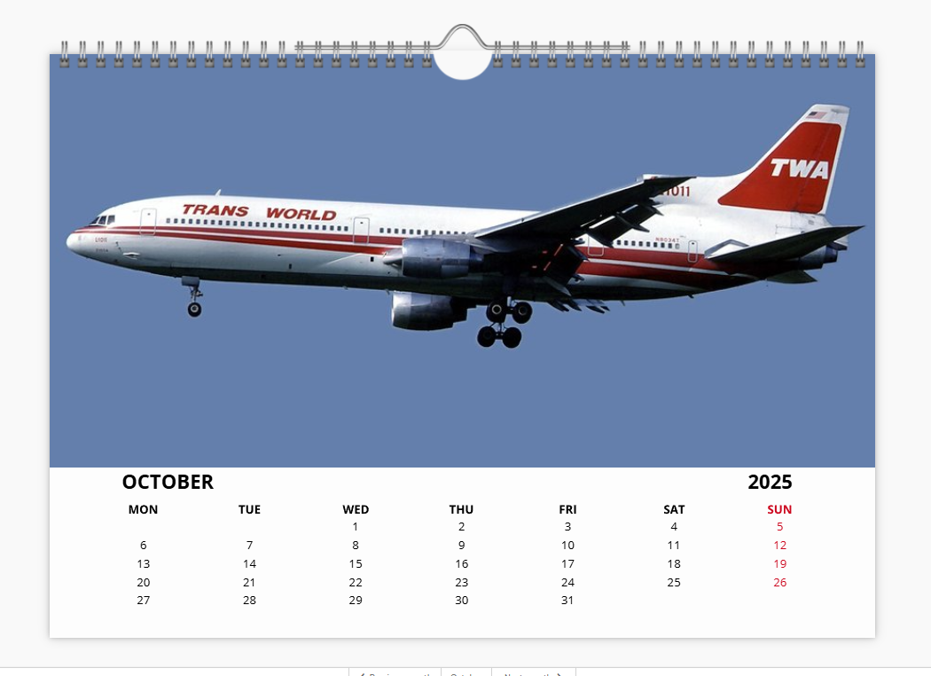 TWA Trans World Airlines 2025 Aircraft Tribute Calendar A4 WALL Calendar