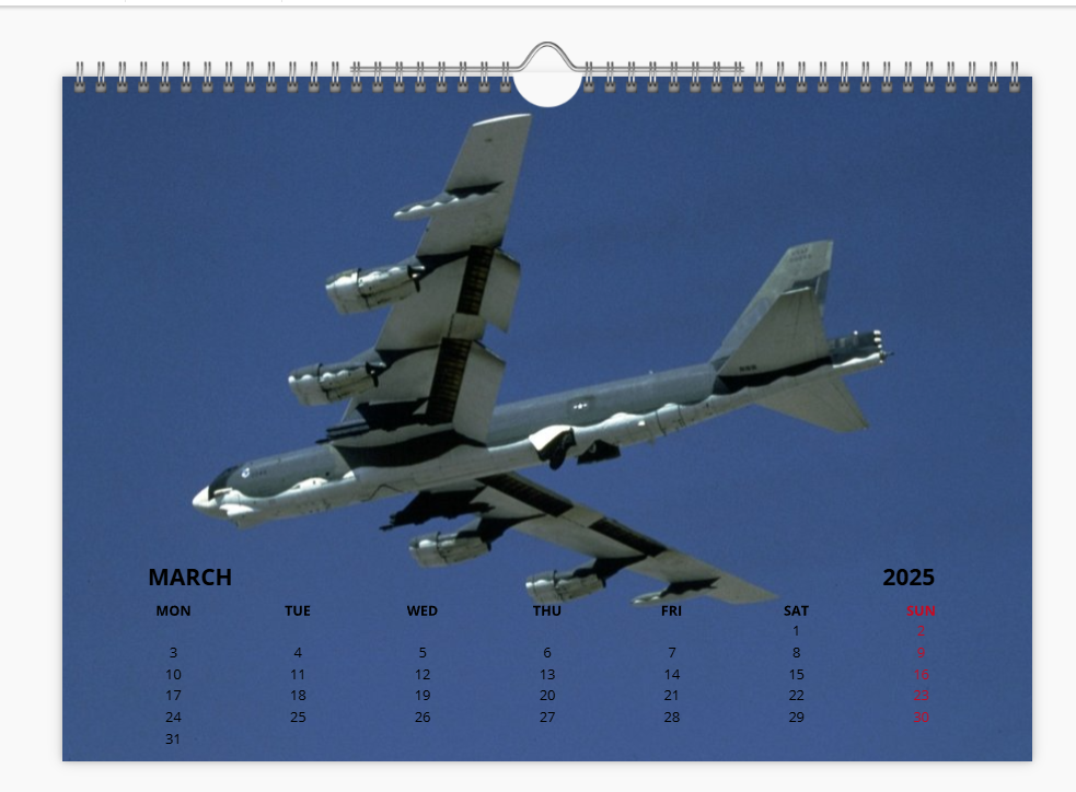 BOEING B52 USAF BOMBER 2025 Tribute Calendar A4 WALL Calendar