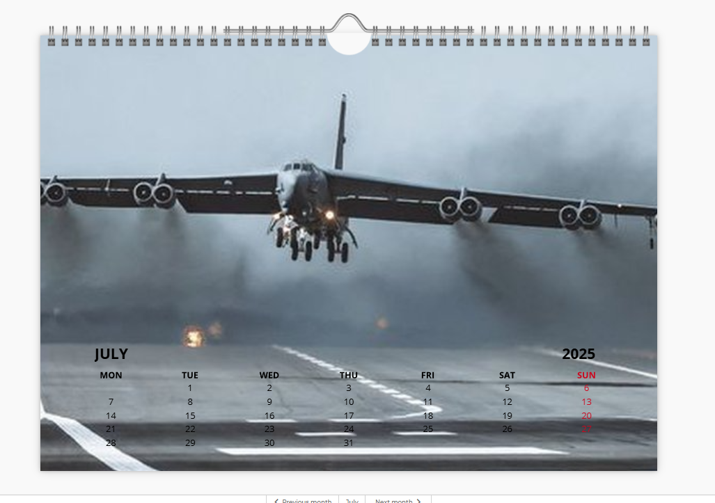 BOEING B52 USAF BOMBER 2025 Tribute Calendar A4 WALL Calendar