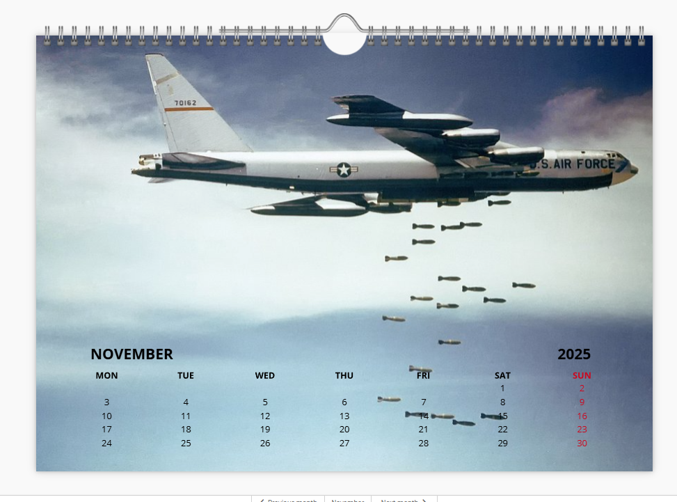 BOEING B52 USAF BOMBER 2025 Tribute Calendar A4 WALL Calendar
