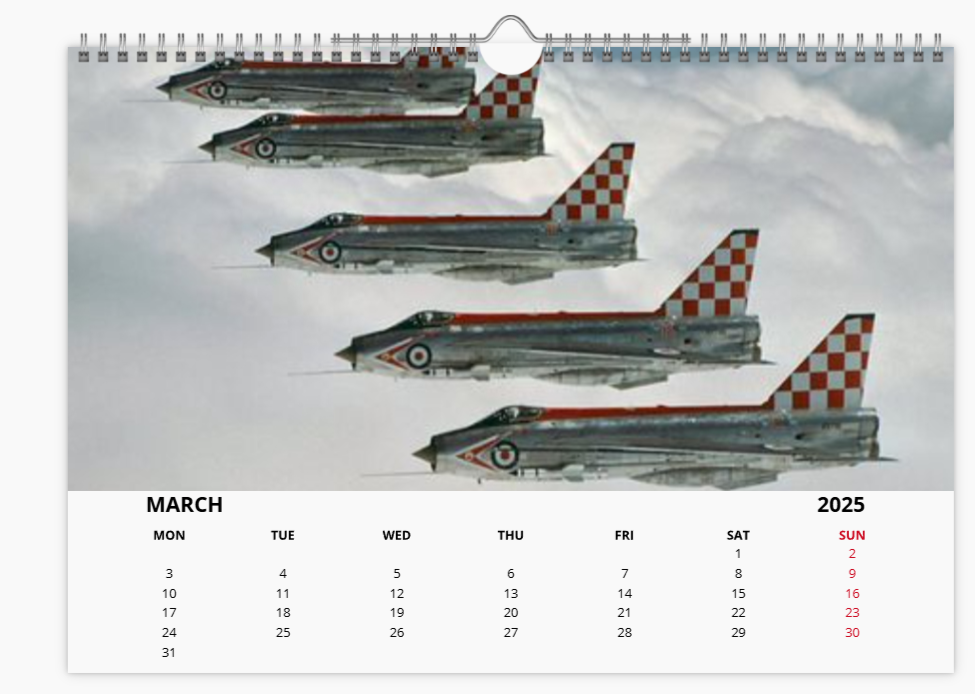 English Electric BAC Lightning Fighter RAF 2025 Aircraft Tribute Calendar A4 WALL Calendar