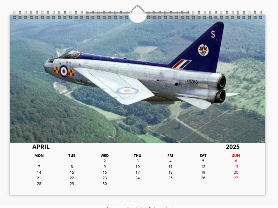 English Electric BAC Lightning Fighter RAF 2025 Aircraft Tribute Calendar A4 WALL Calendar