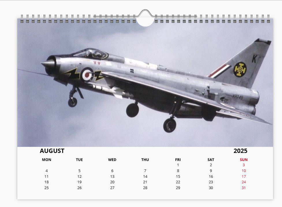 English Electric BAC Lightning Fighter RAF 2025 Aircraft Tribute Calendar A4 WALL Calendar