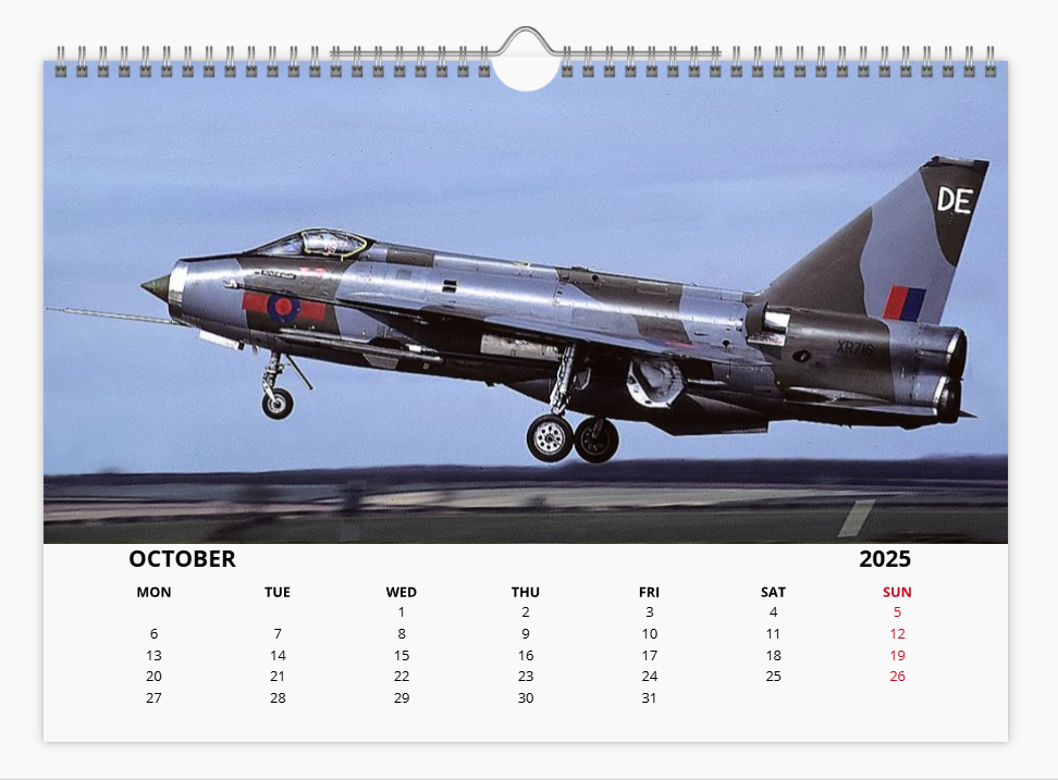 English Electric BAC Lightning Fighter RAF 2025 Aircraft Tribute Calendar A4 WALL Calendar