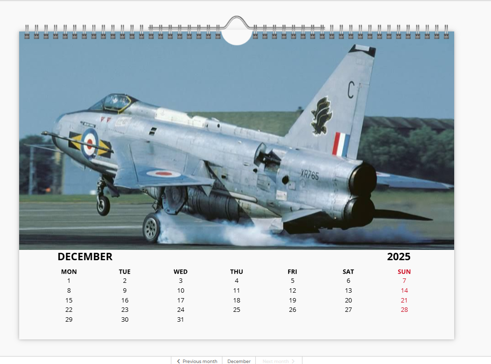 English Electric BAC Lightning Fighter RAF 2025 Aircraft Tribute Calendar A4 WALL Calendar