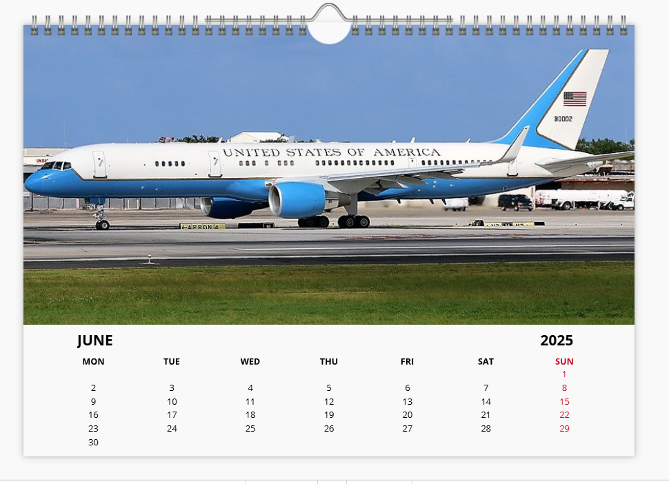 AIR FORCE ONE USAF 2025 Tribute Calendar A4 WALL Calendar
