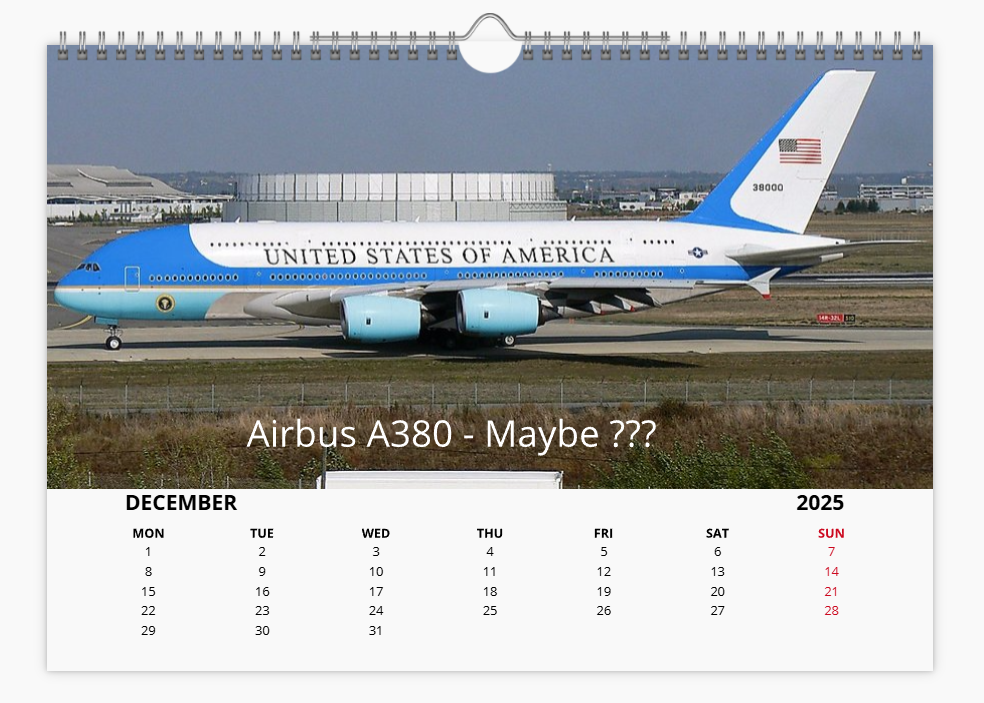 AIR FORCE ONE USAF 2025 Tribute Calendar A4 WALL Calendar