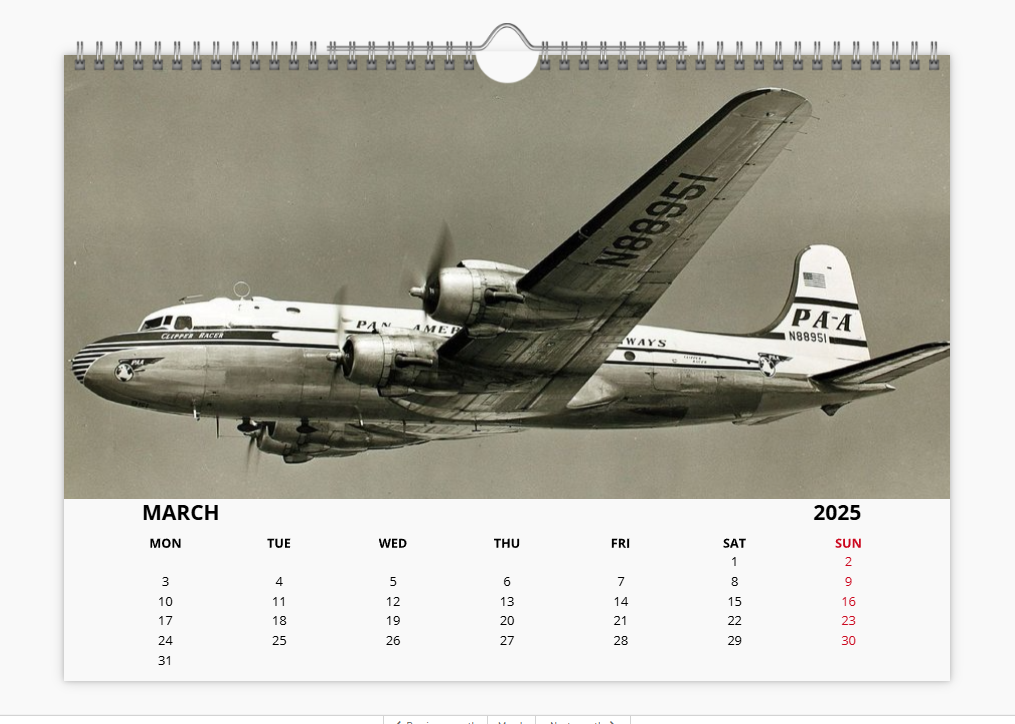 PAN AM Pan American World Airways 2025 Aircraft Tribute Calendar A4 WALL Calendar