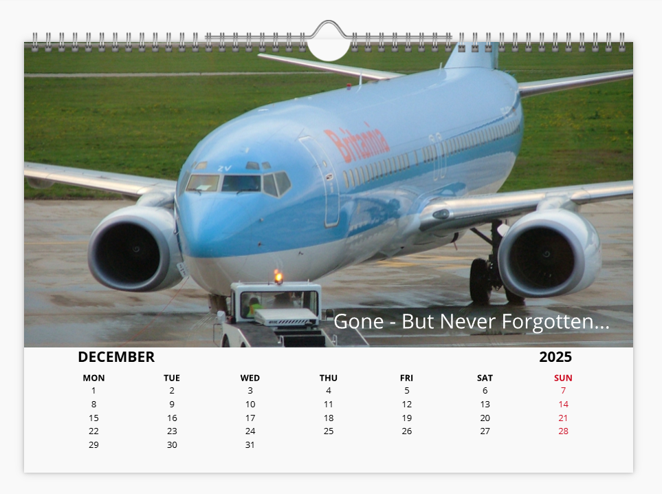 BRITANNIA AIRWAYS 2025 Tribute Calendar A4 WALL Calendar