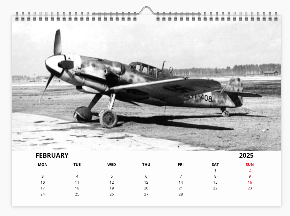 Messerschmitt 109 Luftwaffe Fighter 2025 Aircraft Tribute Calendar A4 WALL Calendar