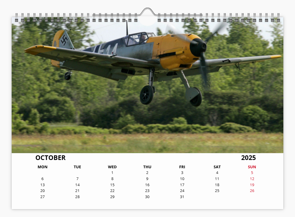 Messerschmitt 109 Luftwaffe Fighter 2025 Aircraft Tribute Calendar A4 WALL Calendar