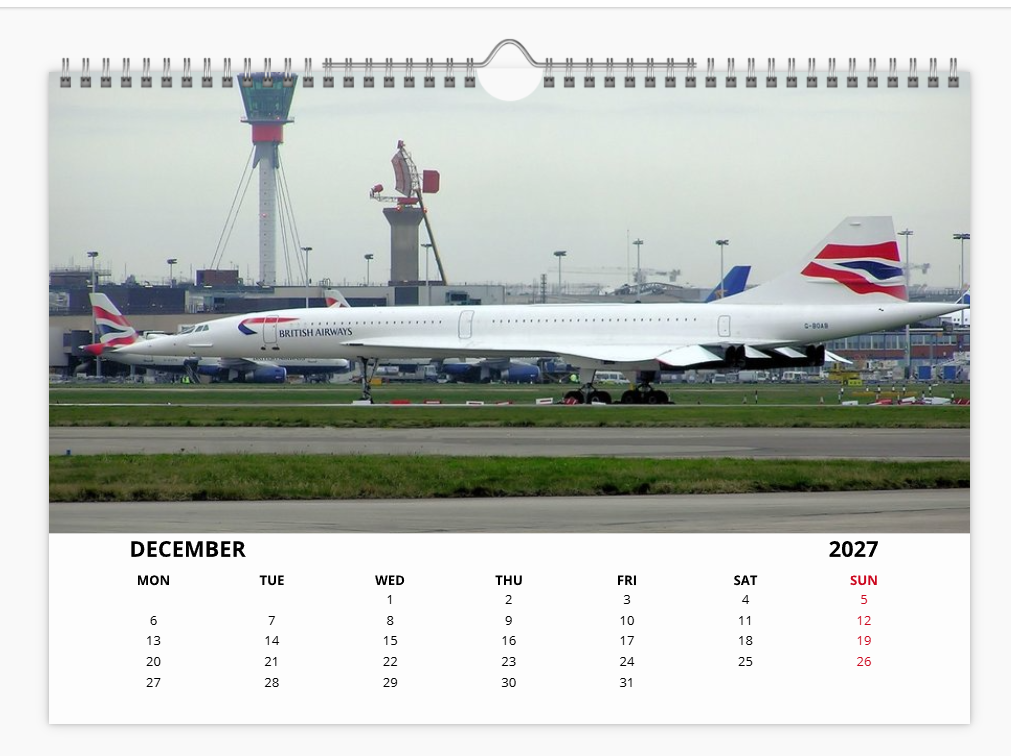 CONCORDE 2027 Tribute Calendar A4 WALL Calendar BA AF SQ