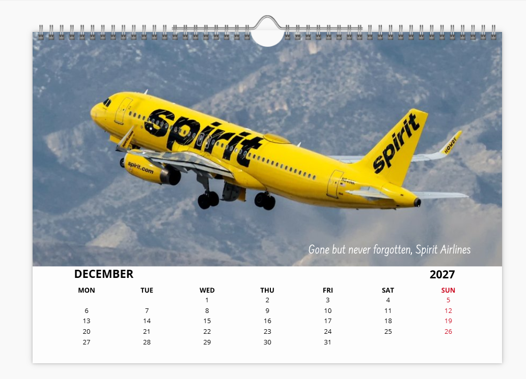 SPIRIT AIRLINES TRIBUTE 2027 Aircraft Tribute Calendar A4 WALL Calendar