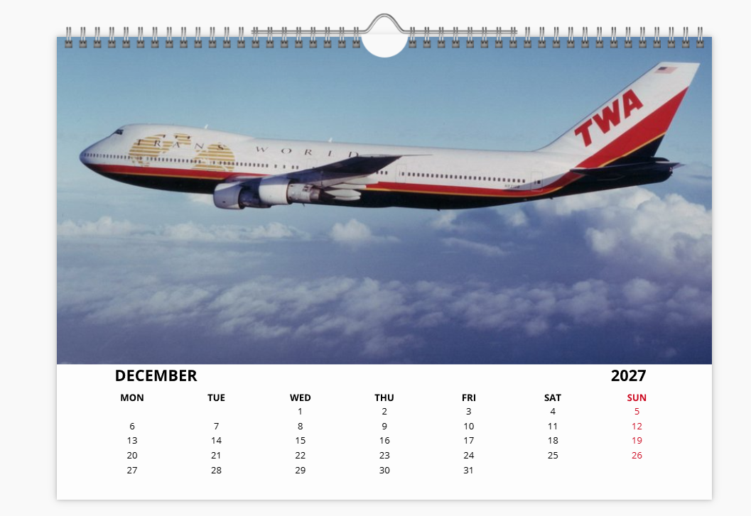 TWA TRANS WORLD AIRLINES 2027 Calendar A4 WALL Calendar