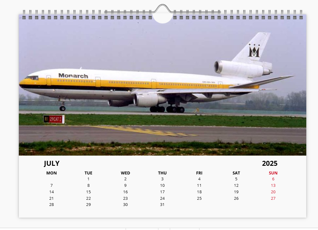 Monarch Airlines 2025 Aircraft Tribute Calendar A4 WALL Calendar