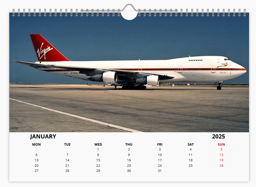 Virgin Atlantic 2025 Aircraft Tribute Calendar A4 WALL Calendar