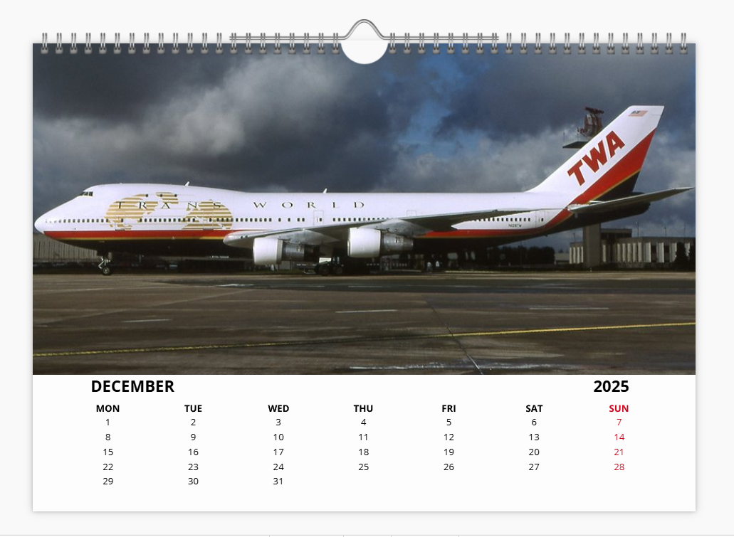 TWA Trans World Airlines 2025 Aircraft Tribute Calendar A4 WALL Calendar