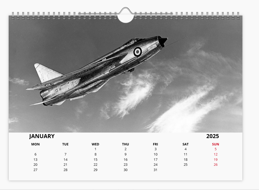 English Electric BAC Lightning Fighter RAF 2025 Aircraft Tribute Calendar A4 WALL Calendar