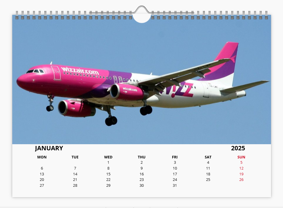 WIZZAIR 2025 Aircraft Tribute Calendar A4 WALL Calendar