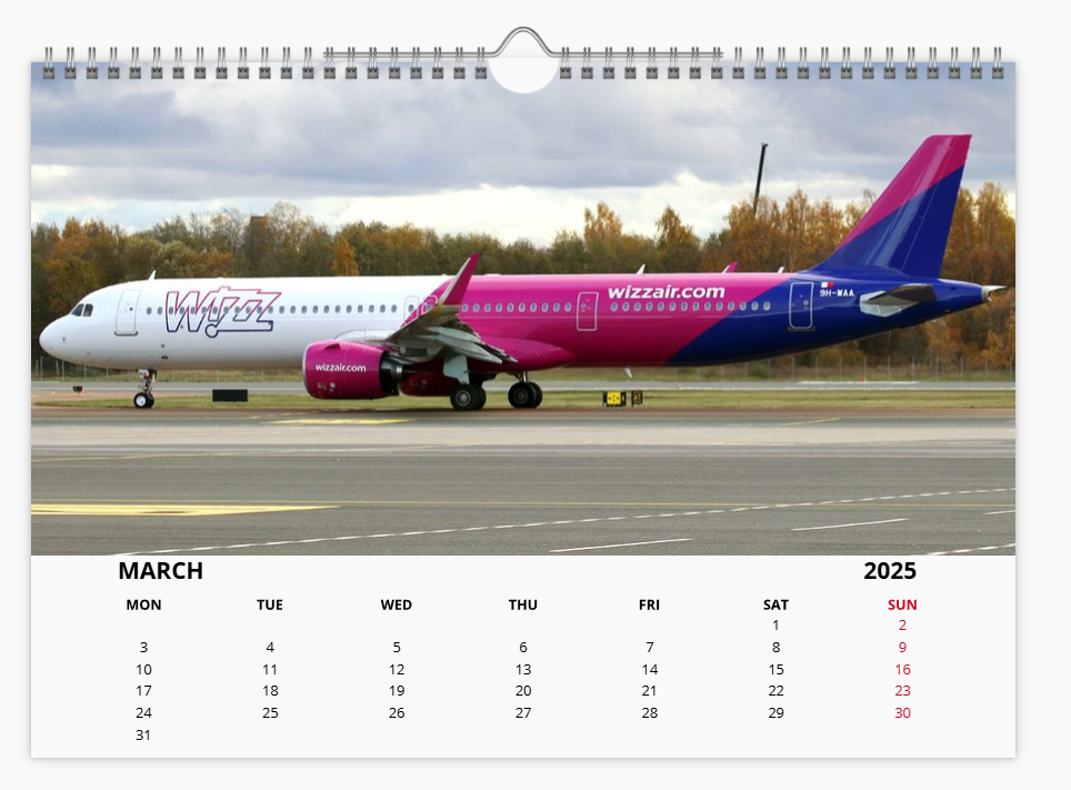 WIZZAIR 2025 Aircraft Tribute Calendar A4 WALL Calendar