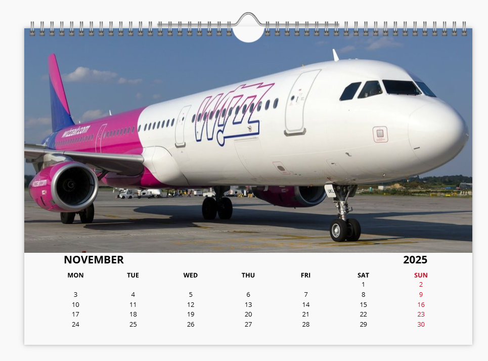 WIZZAIR 2025 Aircraft Tribute Calendar A4 WALL Calendar