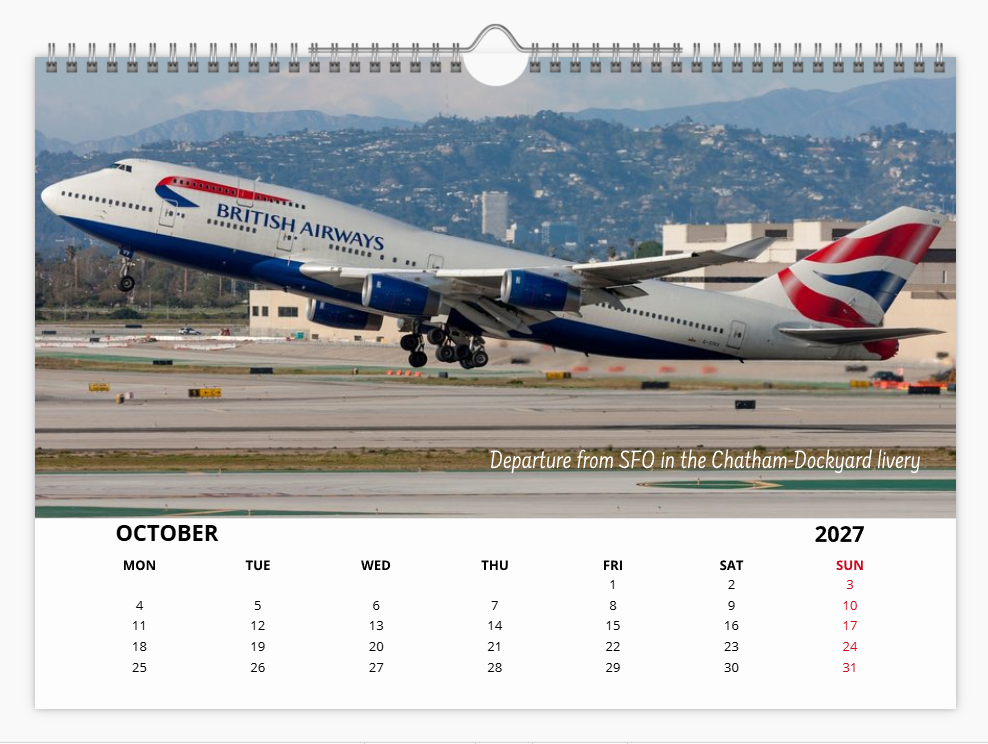 British Airways Boeing 747 2027 Tribute Calendar A4 WALL Calendar
