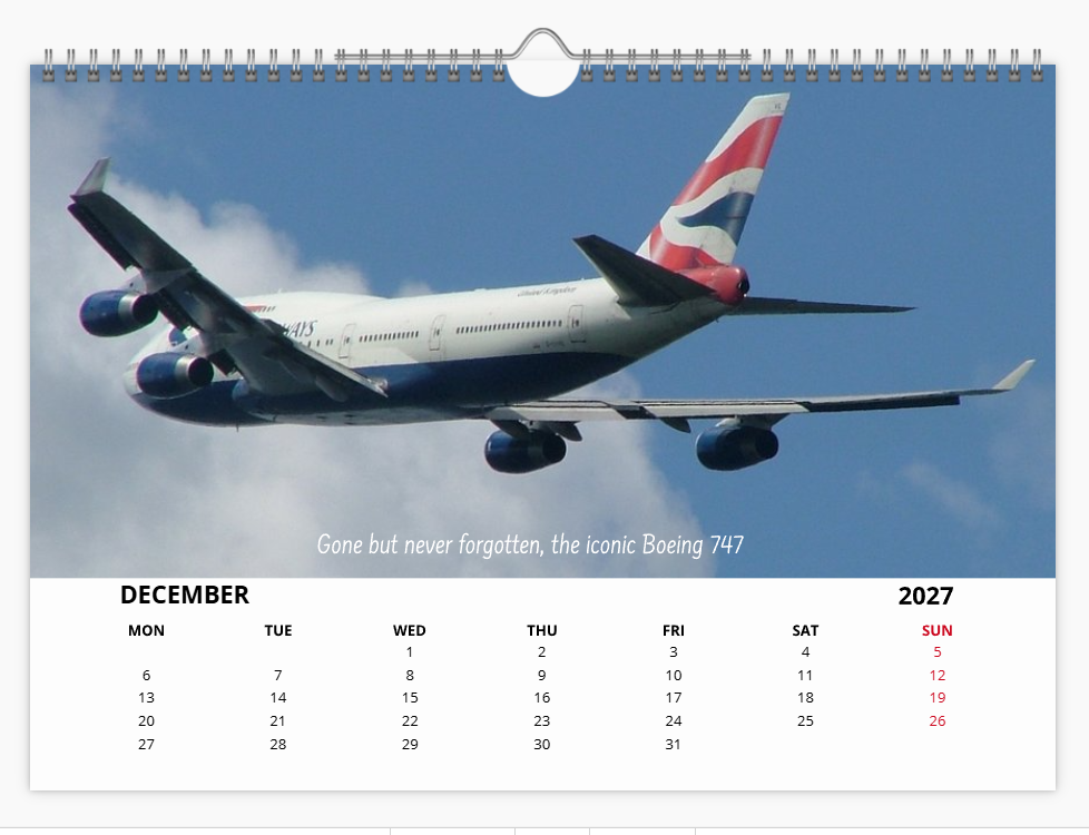 British Airways Boeing 747 2027 Tribute Calendar A4 WALL Calendar