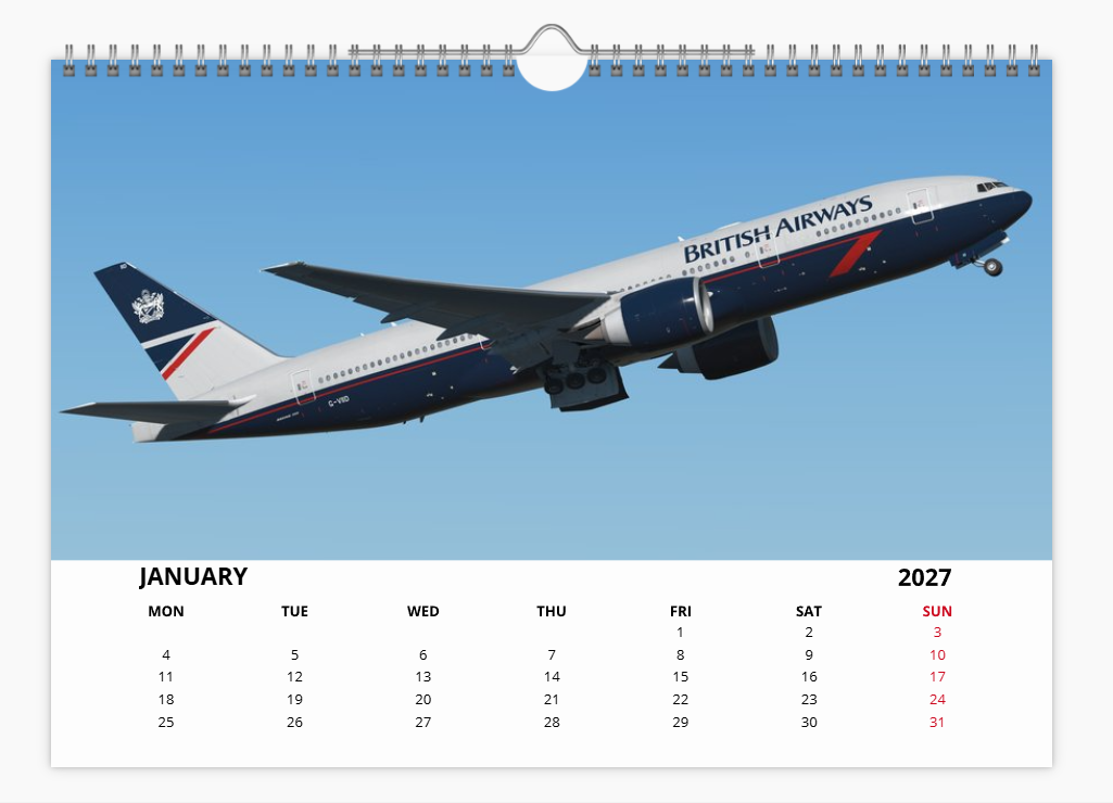 British Airways Boeing 777 2027 A4 Wall Calendar