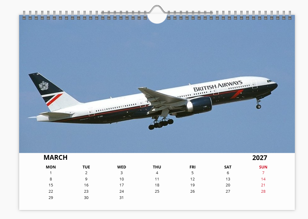 British Airways Boeing 777 2027 A4 Wall Calendar