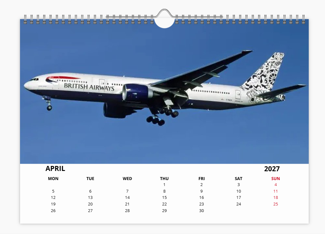 British Airways Boeing 777 2027 Calendar A4 WALL Calendar