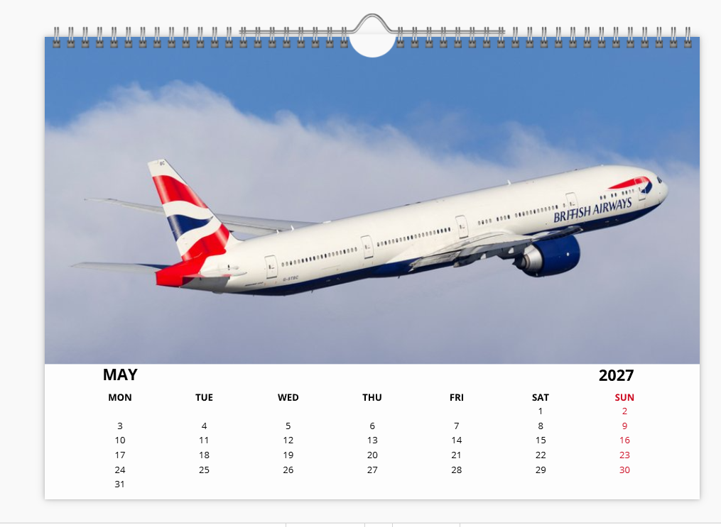 British Airways Boeing 777 2027 Calendar A4 WALL Calendar